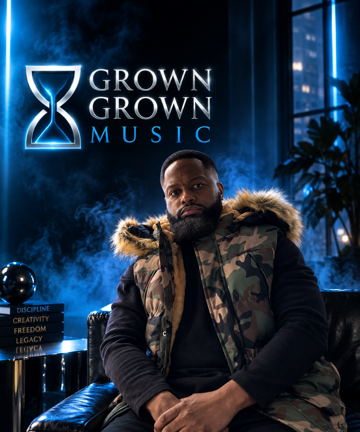 OCity HAZZ seated in a dark chair, presented by Grown Grown Music